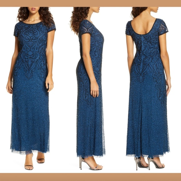 NEW $238 Pisarro‎ Nights Embroidered Mesh Long Gown Blue [ SZ 10 ] #E962